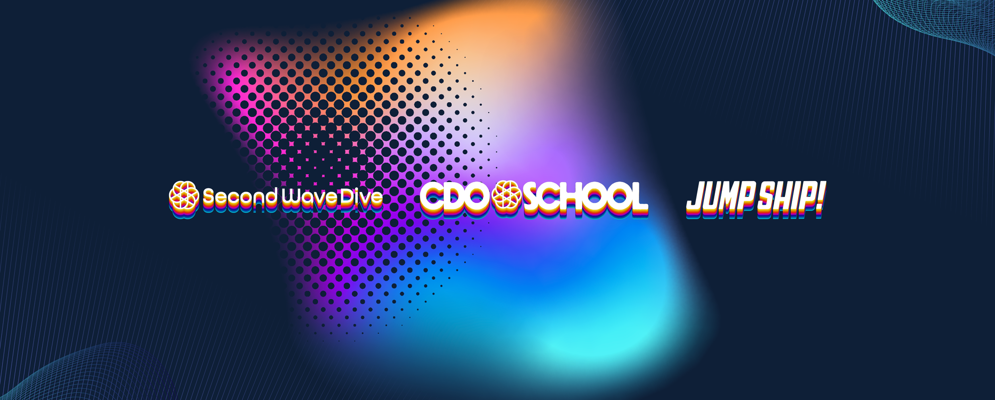 Rainbow colored brand logos with a gradient background of pink, purple, orange, and blue